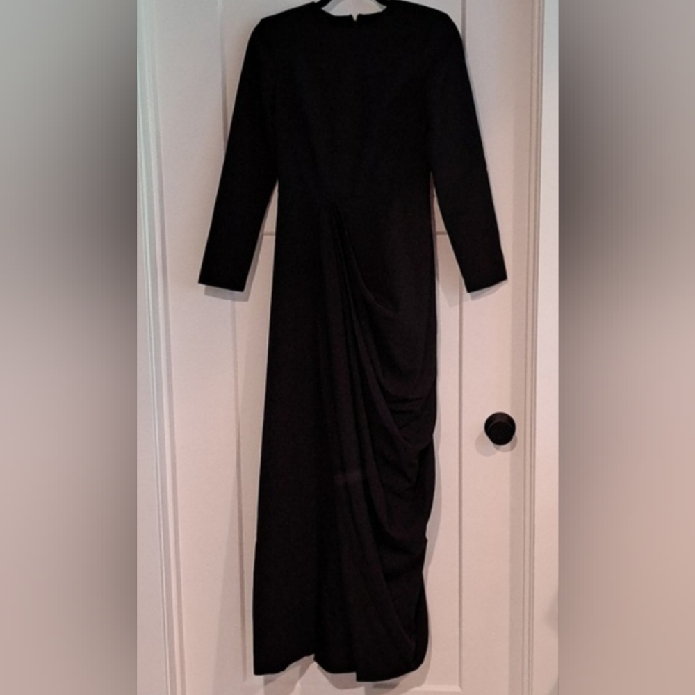 NWT Long Sleeve Asymmetrical Dress w/ Skirt Slit & Drape (Black) - Lattelier
